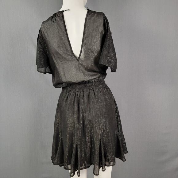 Mi Ami Black Metallic Mini Dress S Flutter Sleeve V-Neck Party - Picture 4 of 9